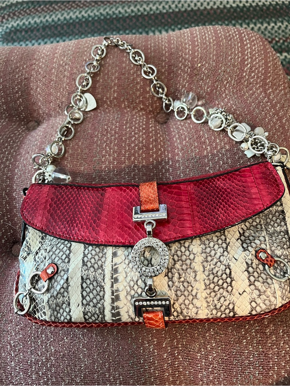 TOSCA BLU Red & Cream Snakeskin Shoulder Bag with Silver Chain